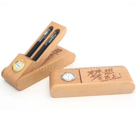 Customization Multipurpose Wooden Pen and Pencil Stand with Quartz Clock Corporate Gifts