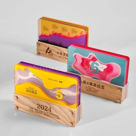 Customization Multi-Layered Spliced ​​Acrylic Solid Wood Series Trophies Corporate Gifts