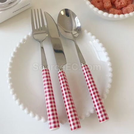Customization Ceramic Handle Grid Style Stainless Steel Tableware Corporate Gifts