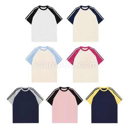 Customization Color - Blocked Three - Stripe Raglan - Sleeve Cotton Short - Sleeve T - Shirt Corporate Gifts