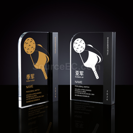 Pickleball Themed Color Printed Crystal Trophy